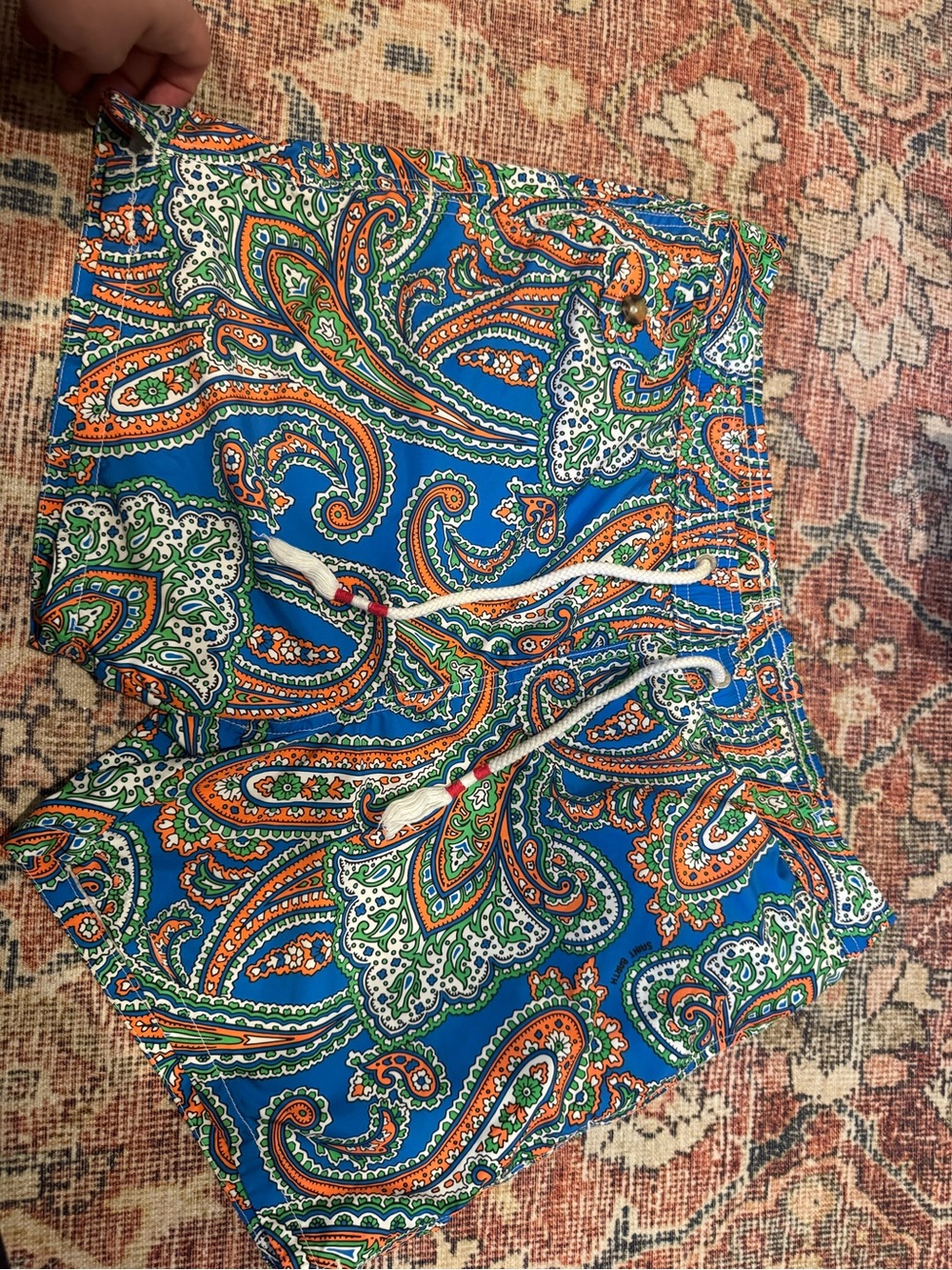 MC2 Saint Barth Navy Swim Trunks with Green and Orange Paisley Accents